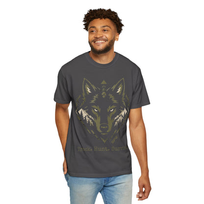 Wolf Head T-Shirt — "Track. Hunt. Survive." Outdoor Hunting Graphic Tee