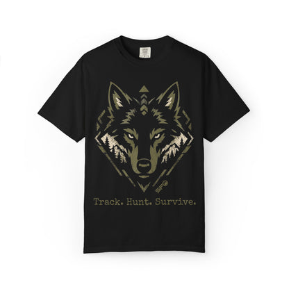 Wolf Head T-Shirt — "Track. Hunt. Survive." Outdoor Hunting Graphic Tee