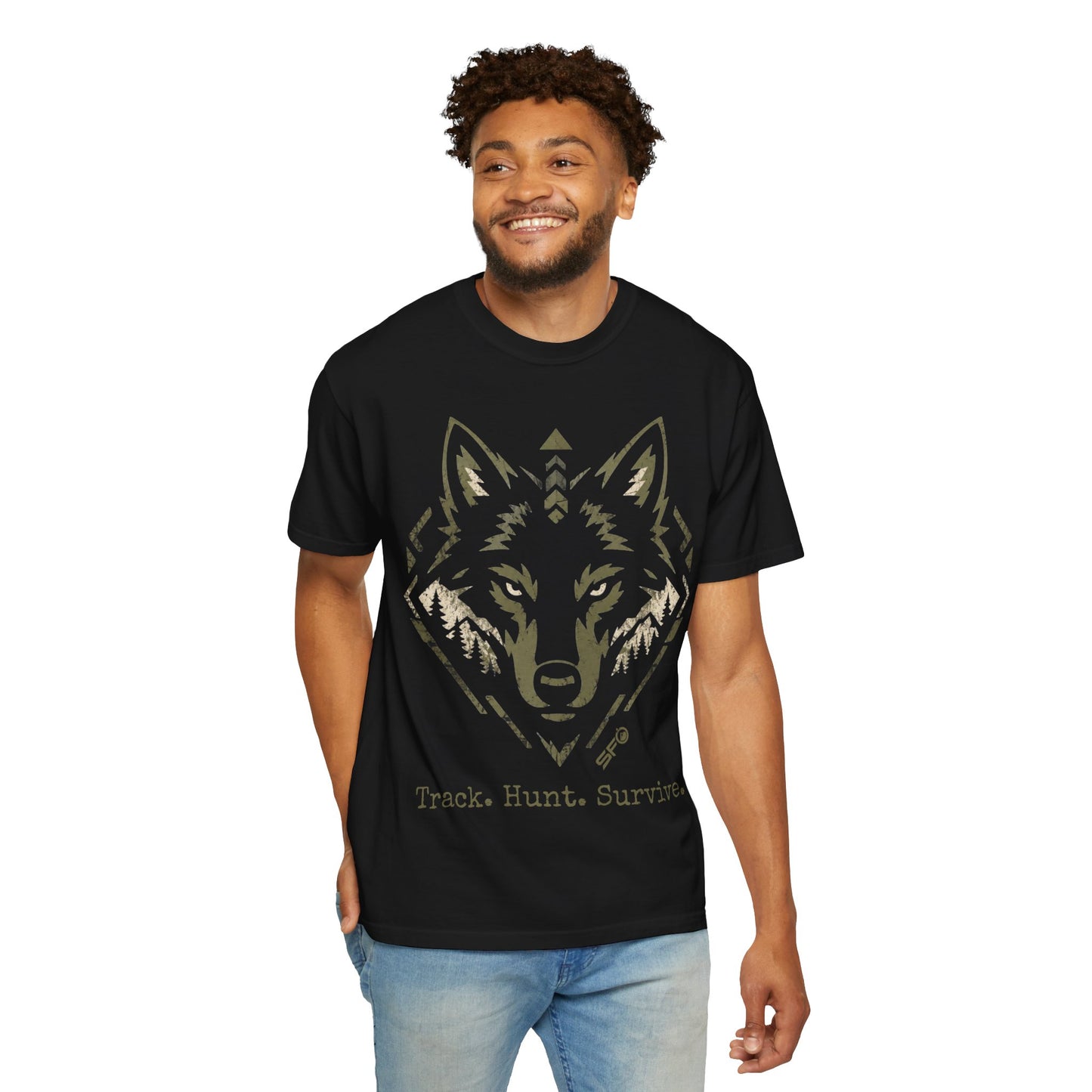 Wolf Head T-Shirt — "Track. Hunt. Survive." Outdoor Hunting Graphic Tee