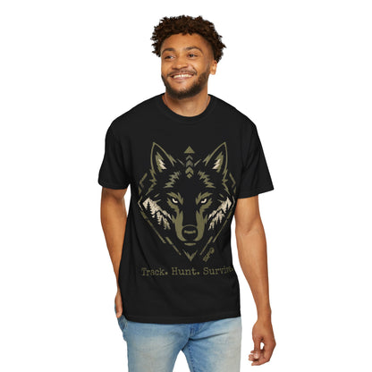 Wolf Head T-Shirt — "Track. Hunt. Survive." Outdoor Hunting Graphic Tee