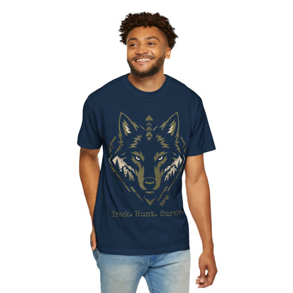 Wolf Head T-Shirt — "Track. Hunt. Survive." Outdoor Hunting Graphic Tee