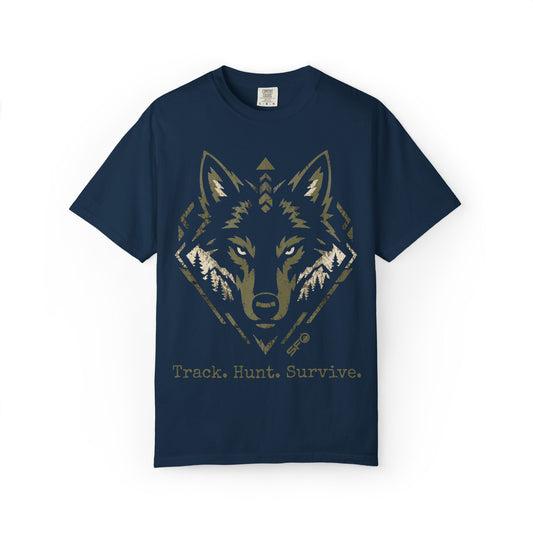 Wolf Head T-Shirt — "Track. Hunt. Survive." Outdoor Hunting Graphic Tee